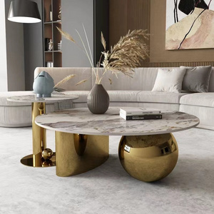 Wholesale living room furniture european modern design gold round Black marble coffee table with stainless steel legs