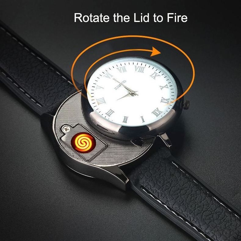 Two in one fashionable men's business watch USB rechargeable electric cigarette lighter design Flameless watch cigarette lighter