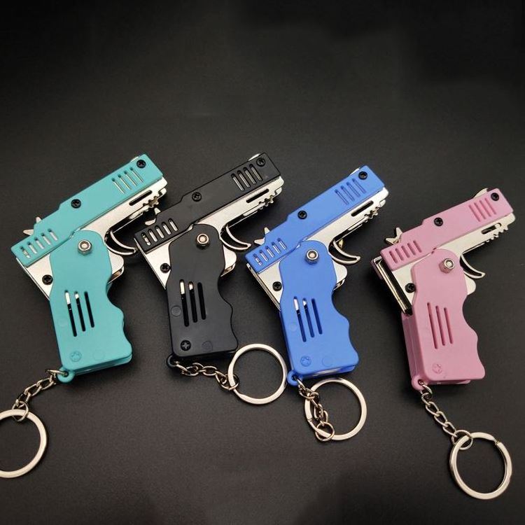 Mini pendant foldable 6 burst rubber band gun children's toy soft bullet gun alloy plastic plate rubber band gun keychain