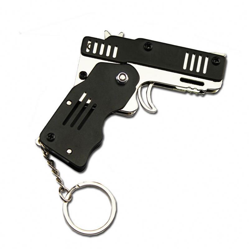 Mini pendant foldable 6 burst rubber band gun children's toy soft bullet gun alloy plastic plate rubber band gun keychain