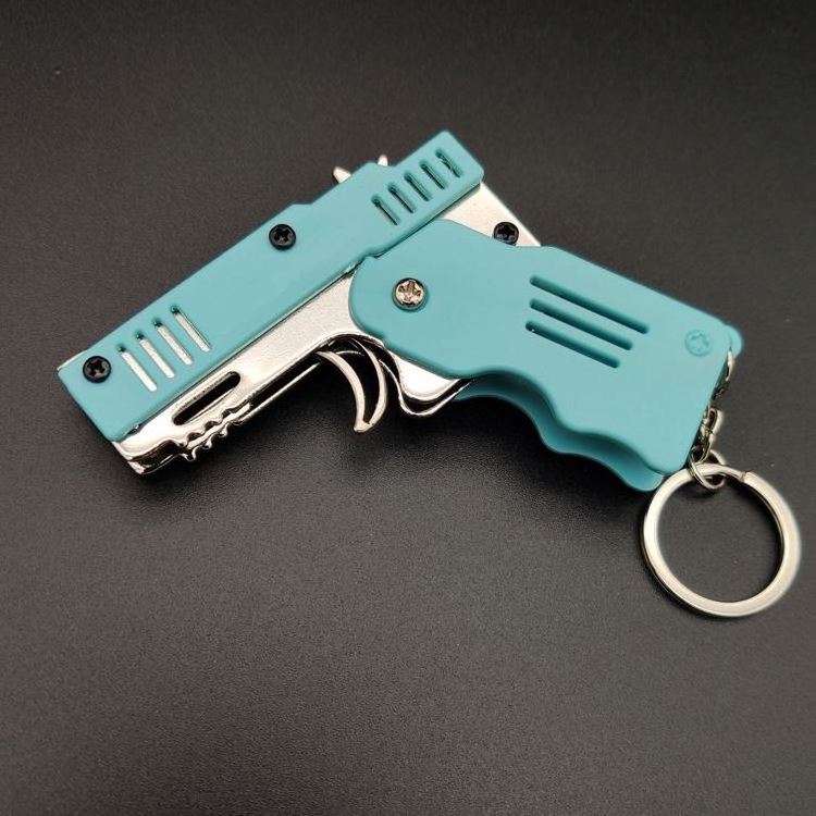 Mini pendant foldable 6 burst rubber band gun children's toy soft bullet gun alloy plastic plate rubber band gun keychain