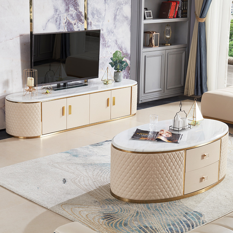 Modern luxury leather coffee table and tv stand cabinet with marble top for lining room sofa furniture