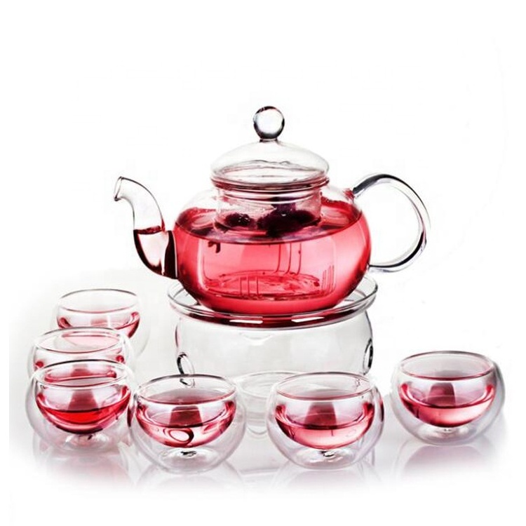 Handmade High Borosilicate 600ml Clear Portable Glass Tea Cup Sets  with Tea Warmer Lead Free Custom Glass Tea Pot with Infuser