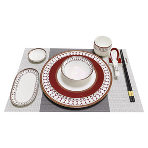 Luxury High Quality European Home Party Restaurant Dish Plate Fine Bone China Ceramic Tableware with Red Gold Rim