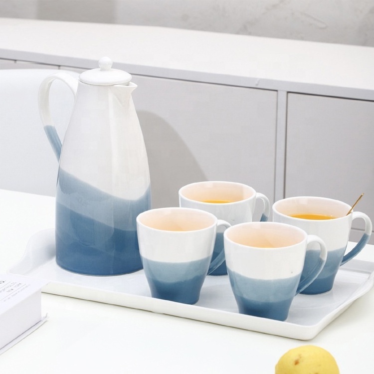 Hotsale New Products Gradient Ceramic Coffee Mugs Set  Glazed Porcelain 260ml Water Cup with 1200ml Tea Pot