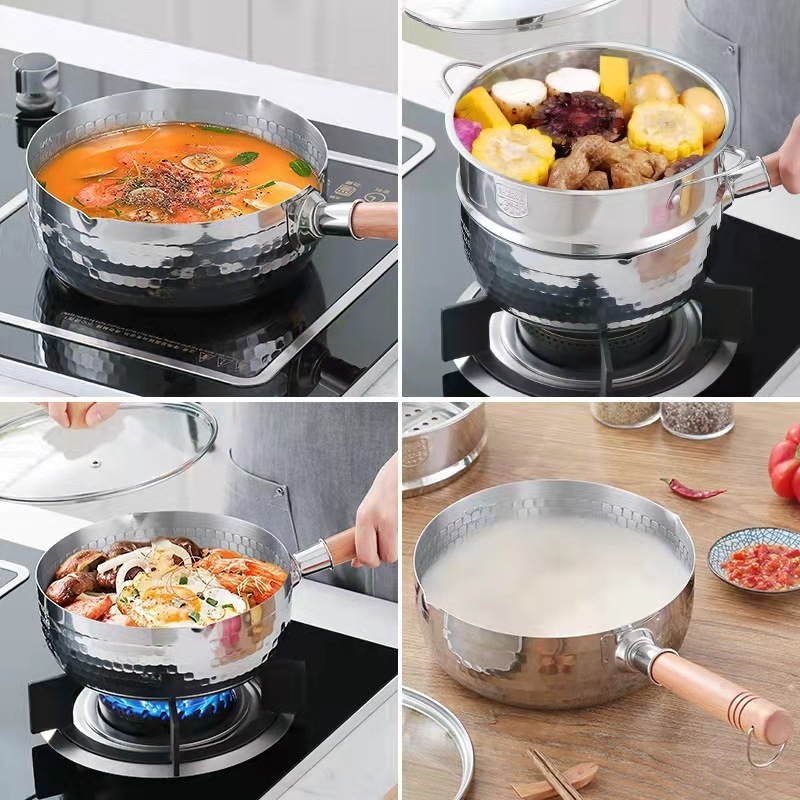 Japanese Non Stick 304 Stainless Steel Milk Heating Boiler Soup Pot Baby Food Pan with Wooden Handle and Tempered Glass Lid