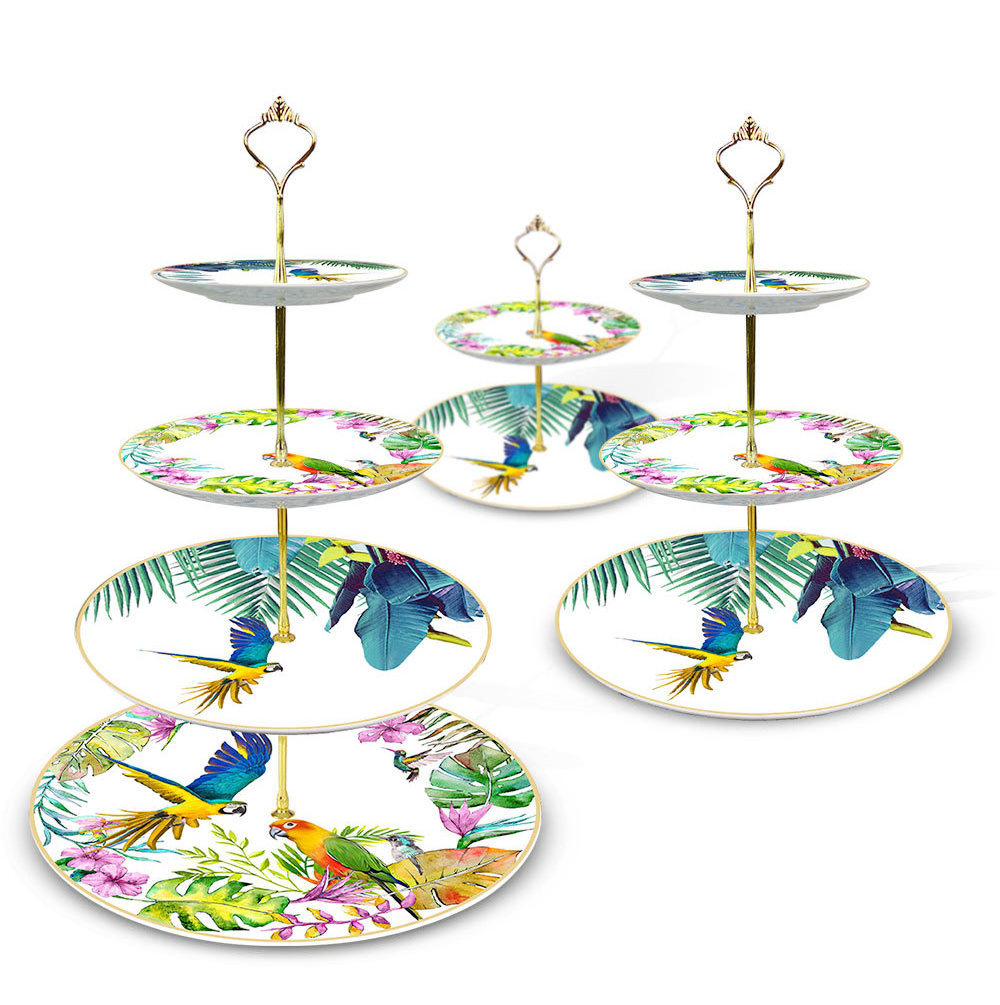 Creative Elegant Gold Rim Hand Painted Parrot Glazed Color Beef Steak Cake Home Ceramic Charger Plate and Tea Coffee Mugs