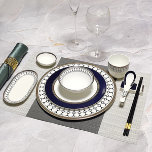 Hot High Quality European Home Party Restaurant Dish Plate Steak Plate Fine Bone China Ceramic Tableware set with Blue Gold Rim