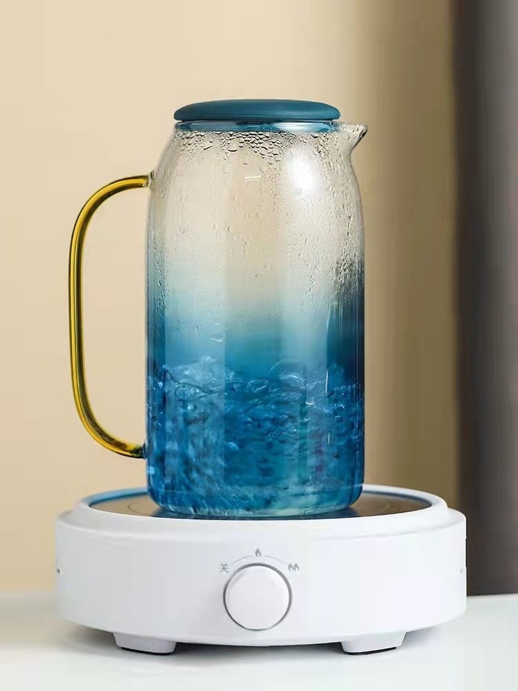 Heat Resistant Gradient Blue Clear Borosilicate Glass Teapot Water Kettle Jug Tea Pot with Mug Set