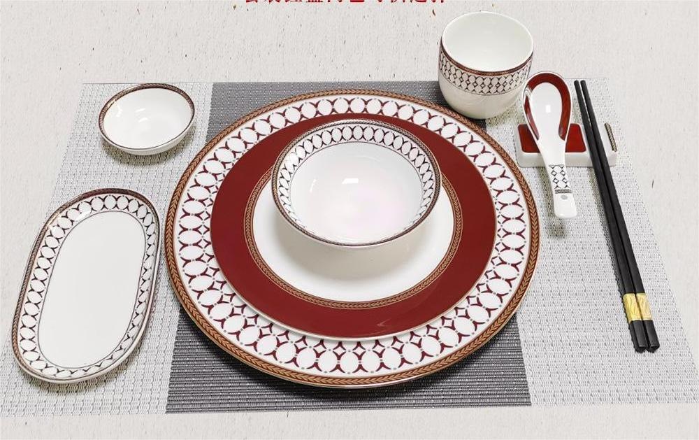 Luxury High Quality European Home Party Restaurant Dish Plate Fine Bone China Ceramic Tableware with Red Gold Rim