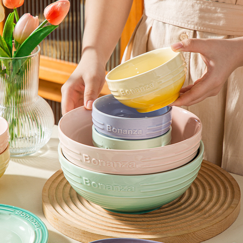 Pretty colorful Ceramic Bowls Plates Top Sale Household High-Capacity Gradient Ceramic Sets Dinnerware