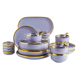 Wholesale Nordic Purple Modern Luxury Style Gold Rim High Quality Gift Box Porcelain Tableware Ceramic Plates Dinnerware Set