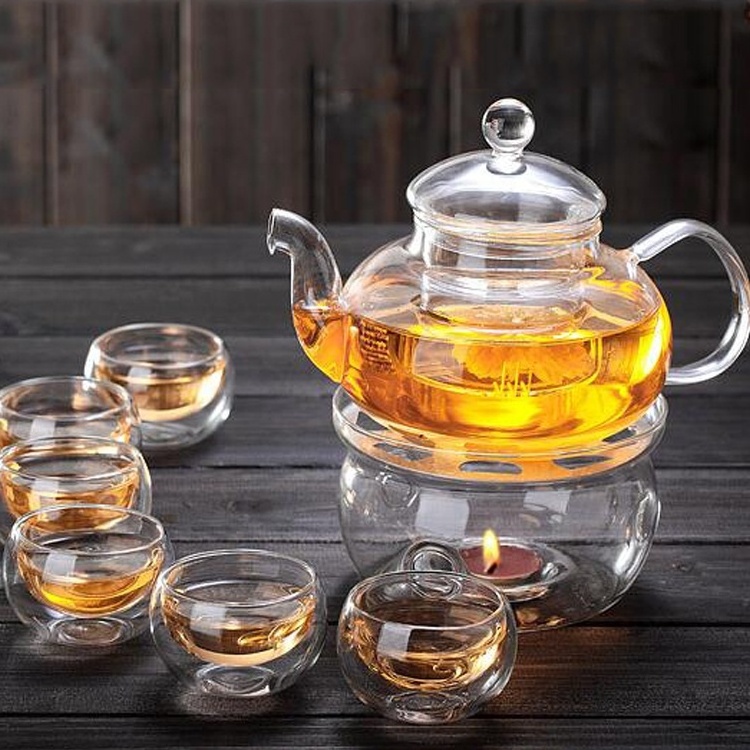 Handmade High Borosilicate 600ml Clear Portable Glass Tea Cup Sets  with Tea Warmer Lead Free Custom Glass Tea Pot with Infuser