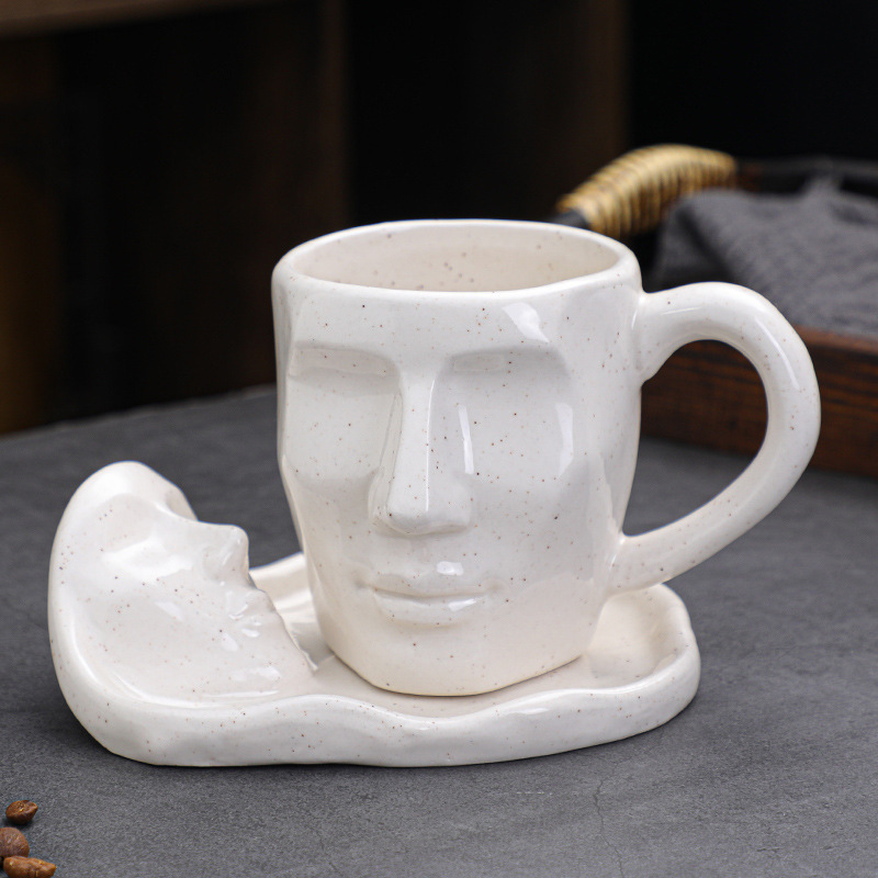 European Human Face Ceramic 3d Mug with Saucer Hand Made Emboss Ceramic Coffee Mug Set Custom Logo