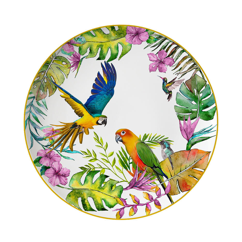 Creative Elegant Gold Rim Hand Painted Parrot Glazed Color Beef Steak Cake Home Ceramic Charger Plate and Tea Coffee Mugs