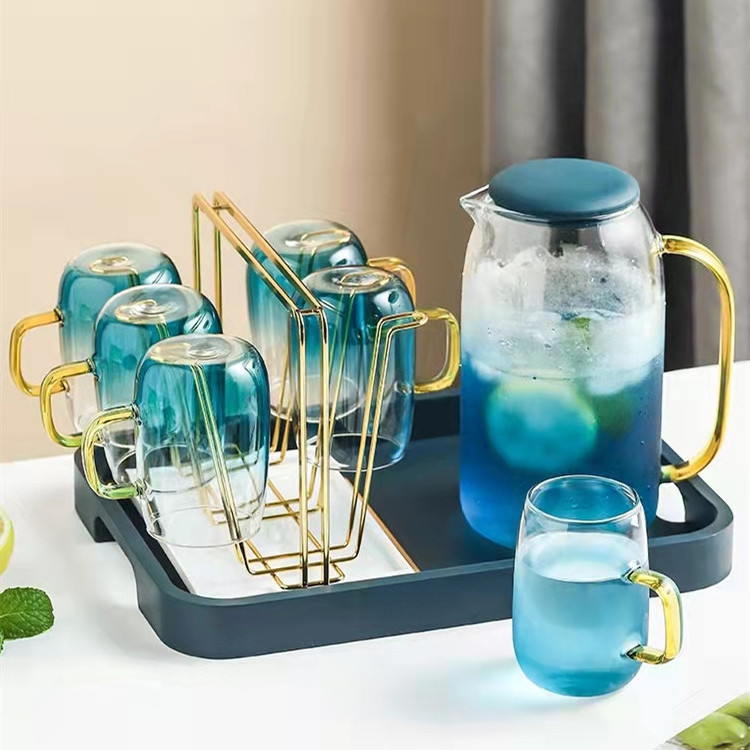 Heat Resistant Gradient Blue Clear Borosilicate Glass Teapot Water Kettle Jug Tea Pot with Mug Set