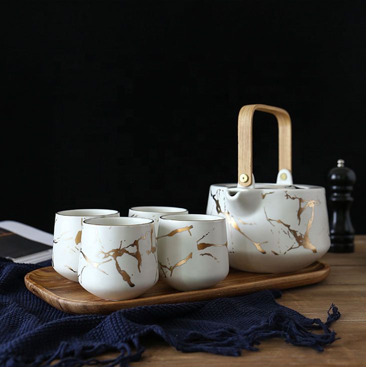 Wholesale Arabic Turkish Black White Marble Ceramic Tea Coffee Cups Sets with Teapot and Tray for Gift