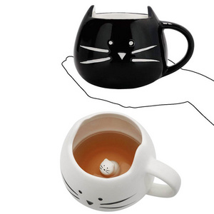 Wholesale 420ml Custom Modern Big Belly Mugs Coffee Cup 3d Black White Cute Ceramic Cat Mug with Logo