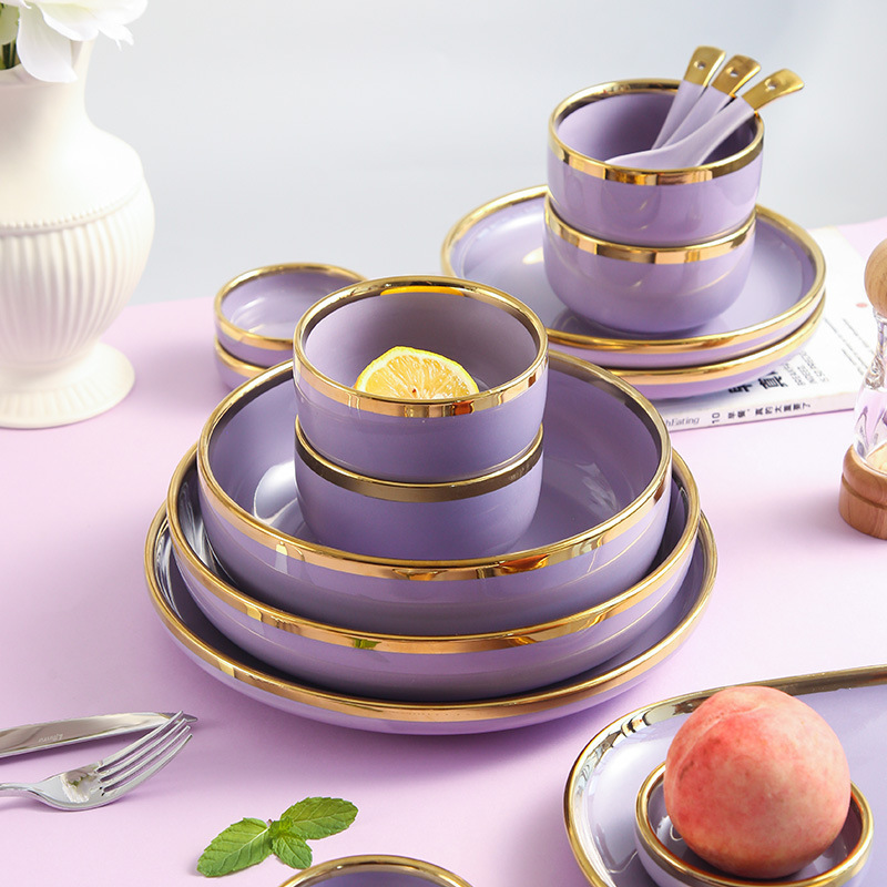 Wholesale Nordic Purple Modern Luxury Style Gold Rim High Quality Gift Box Porcelain Tableware Ceramic Plates Dinnerware Set