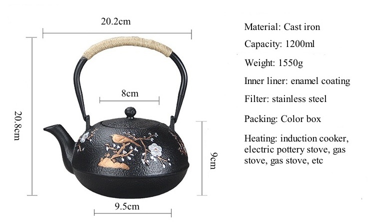 Wholesale 40oz Flower Yamaguchi Black Resistant Japanese Oriental Style Cast Iron Tea Pot Tetsubin Kettle for Travel