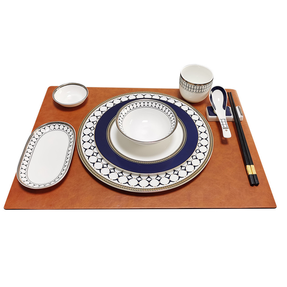 Hot High Quality European Home Party Restaurant Dish Plate Steak Plate Fine Bone China Ceramic Tableware set with Blue Gold Rim