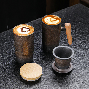 260ml Tall Wooden Handle Stoneware Retro Office Home Espresso Ceramic Coffee Tea Mug Cup with Infuser and Bamboo Lid