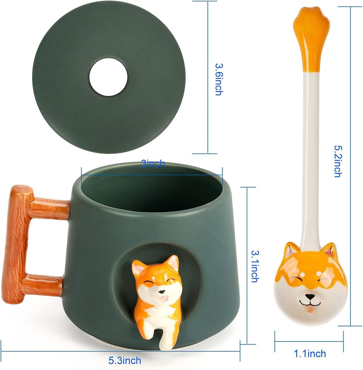 Creative Cartoon Personality Cute Embossed 3D Corgi Dog Couples Men Women Home Ceramic Coffee Mug with Lid and Spoon