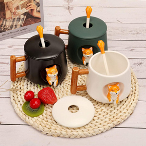 Creative Cartoon Personality Cute Embossed 3D Corgi Dog Couples Men Women Home Ceramic Coffee Mug with Lid and Spoon