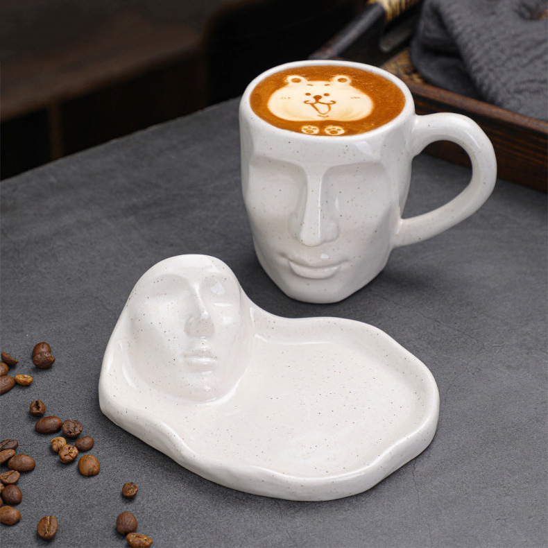 European Human Face Ceramic 3d Mug with Saucer Hand Made Emboss Ceramic Coffee Mug Set Custom Logo