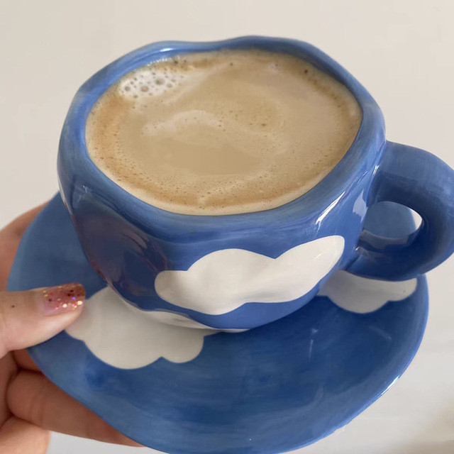 Nordic Ins Hand Painted Underglaze Irregular Personality Blue Sky White Clouds Ceramic Coffee Tea Mug Cup and Saucer