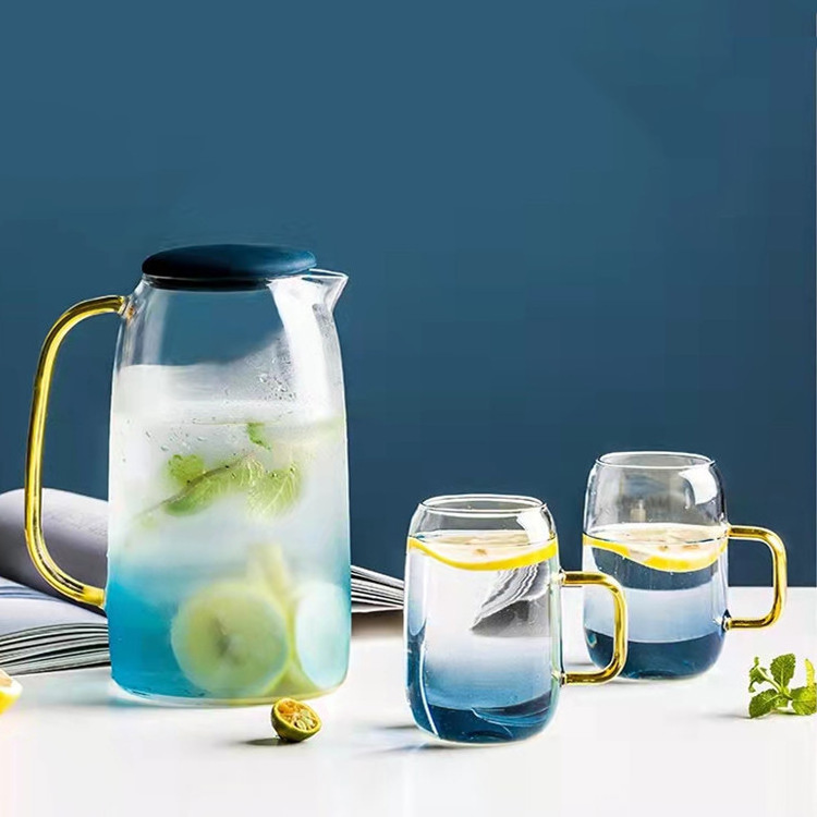 Heat Resistant Gradient Blue Clear Borosilicate Glass Teapot Water Kettle Jug Tea Pot with Mug Set