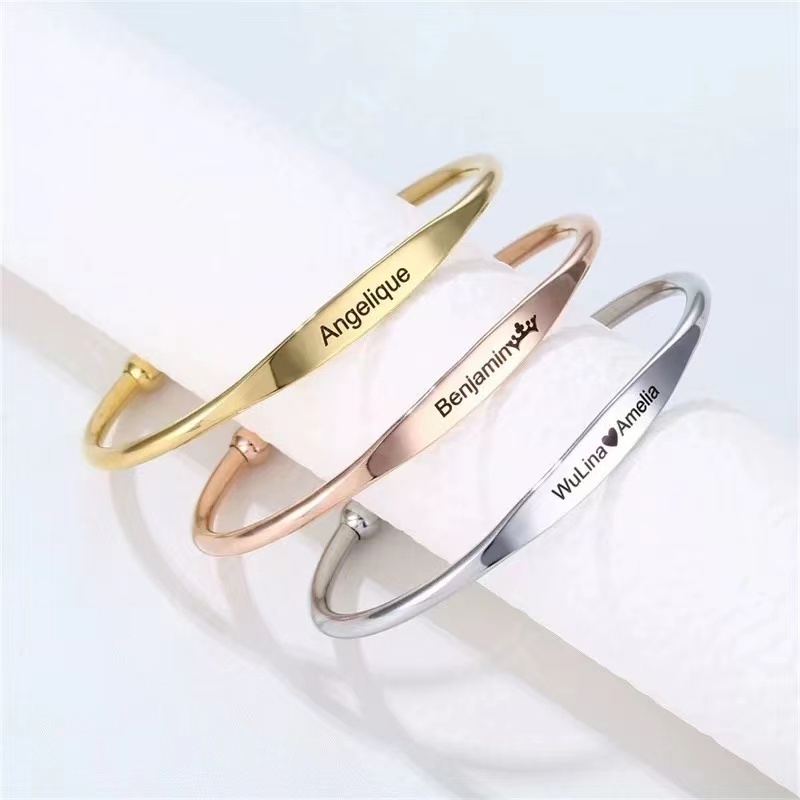 Geometric Style Stainless Steel C shape Bangles Custom Engraved Logo Inspirational Mantra Cuff Bracelet Blanks