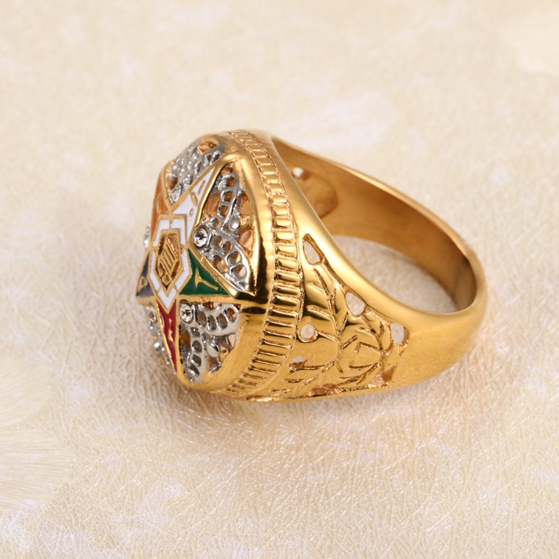 custom design new elegant 316 stainless steel gold crystal masonic ring oes order of the eastern star rings