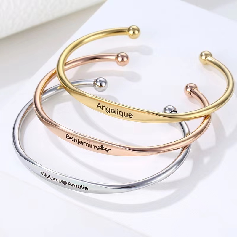 Geometric Style Stainless Steel C shape Bangles Custom Engraved Logo Inspirational Mantra Cuff Bracelet Blanks