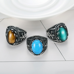 2021 new fashion rock roll biker style stainless steel vintage colorful stone men ring with natural stone