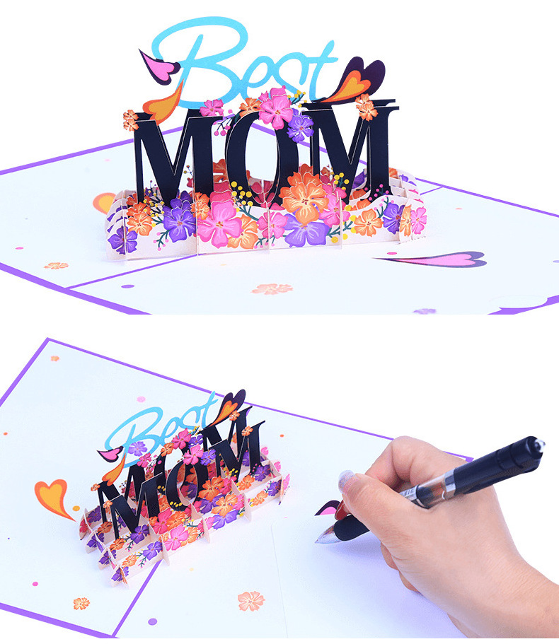 Best MOM 3D pop up paper greeting card for Mother's Day Gift with colorful printing, laser engraving and 3D display