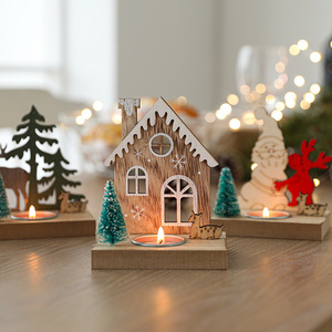 Wholesale DIY Wooden Cute House Shape Ornaments With Tree And Snowman Christmas Candlestick