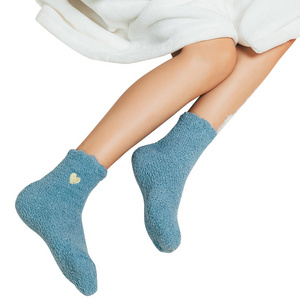 Women Cozy Winter Sleep Bed Socks Floor Home Fluffy Socks Coral velvet fuzzy soft socks with Embroidery heart