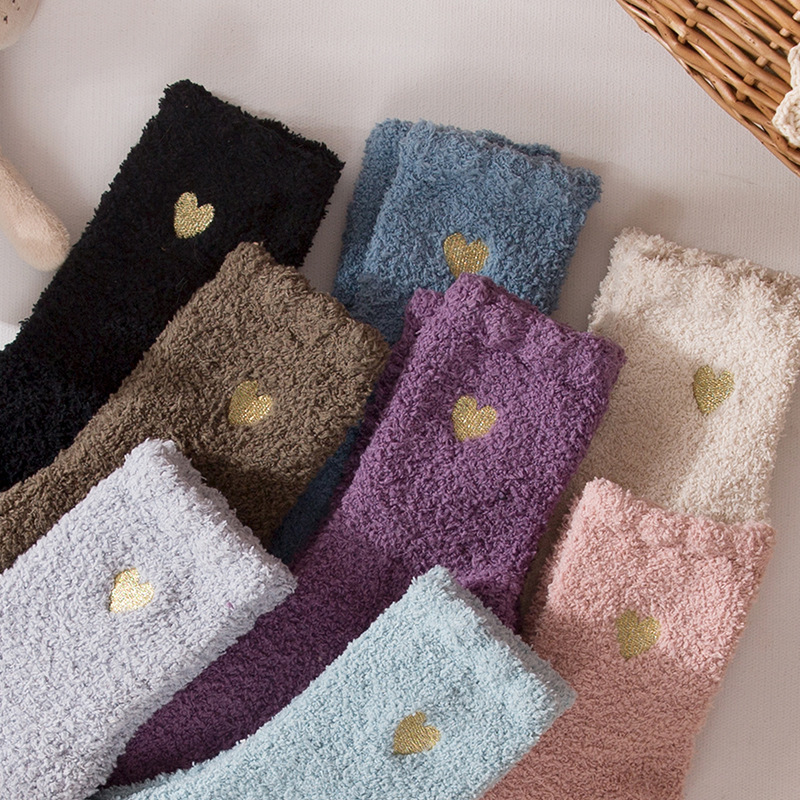 Women Cozy Winter Sleep Bed Socks Floor Home Fluffy Socks Coral velvet fuzzy soft socks with Embroidery heart