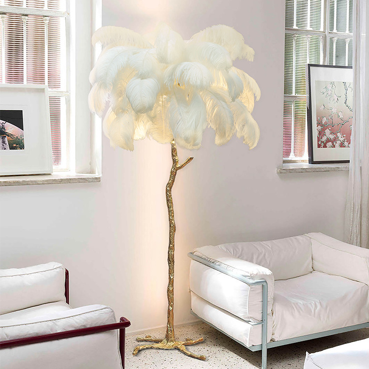 Nordic Large Tree Standing White Ostrich Feather Decorative Lighting Soft Atmosphere Home LED Light Floor Lamp