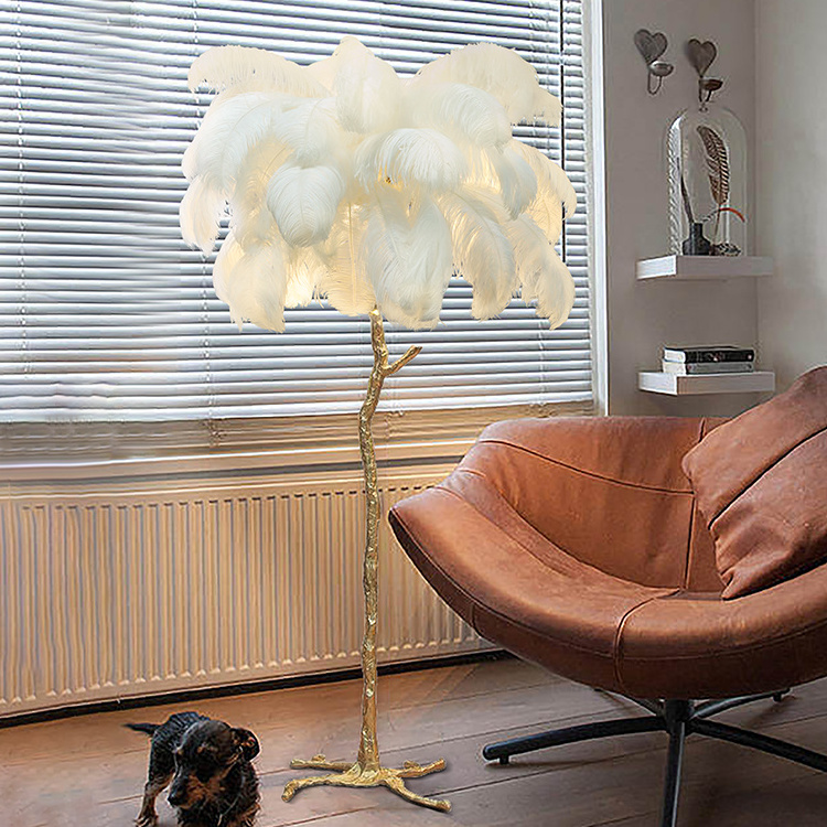 Nordic Large Tree Standing White Ostrich Feather Decorative Lighting Soft Atmosphere Home LED Light Floor Lamp