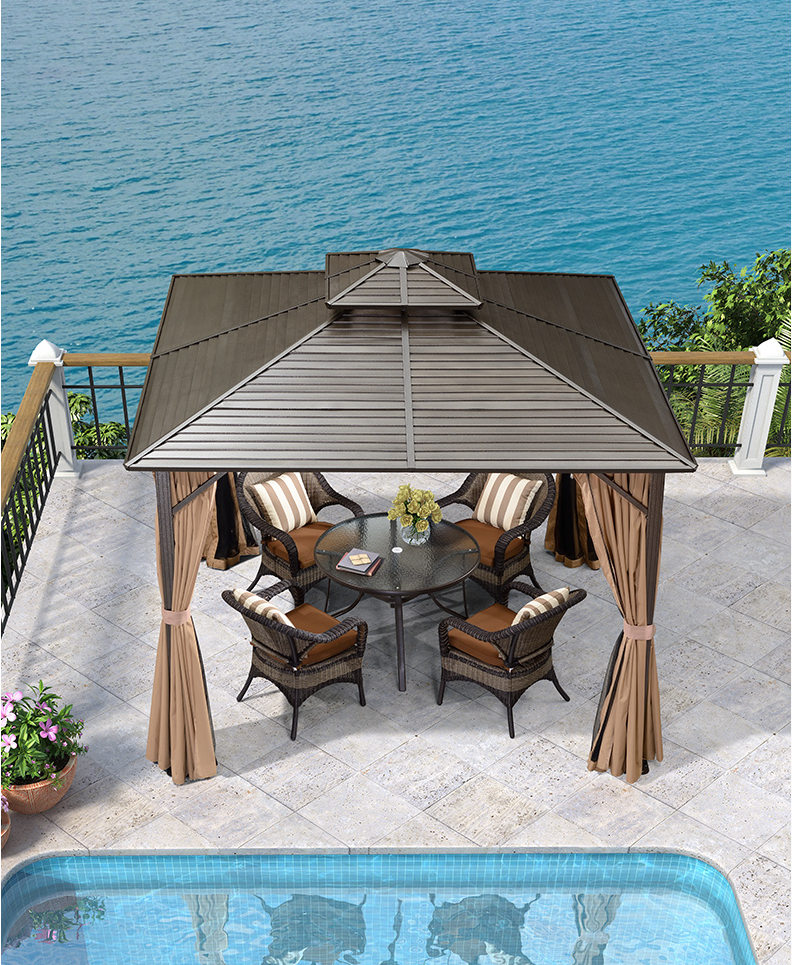 Top quality metal top garden tents garden gazebo outdoor Hard roof top patio gazebo with mosquito net