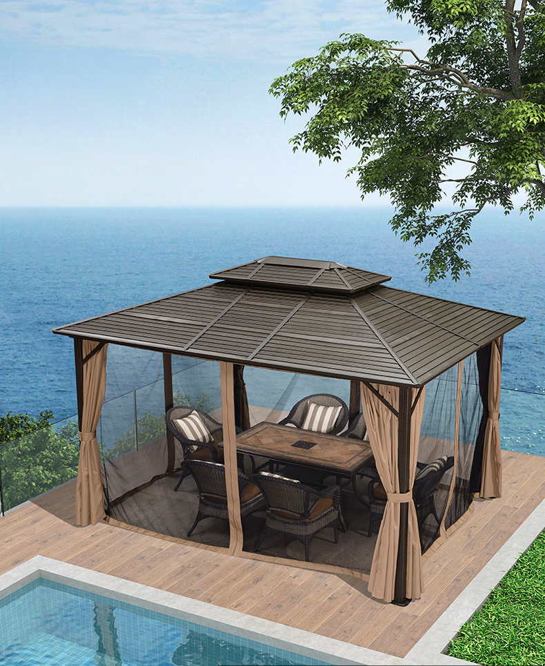 Top quality metal top garden tents garden gazebo outdoor Hard roof top patio gazebo with mosquito net