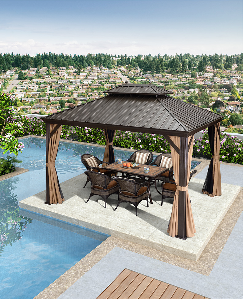 Top quality metal top garden tents garden gazebo outdoor Hard roof top patio gazebo with mosquito net