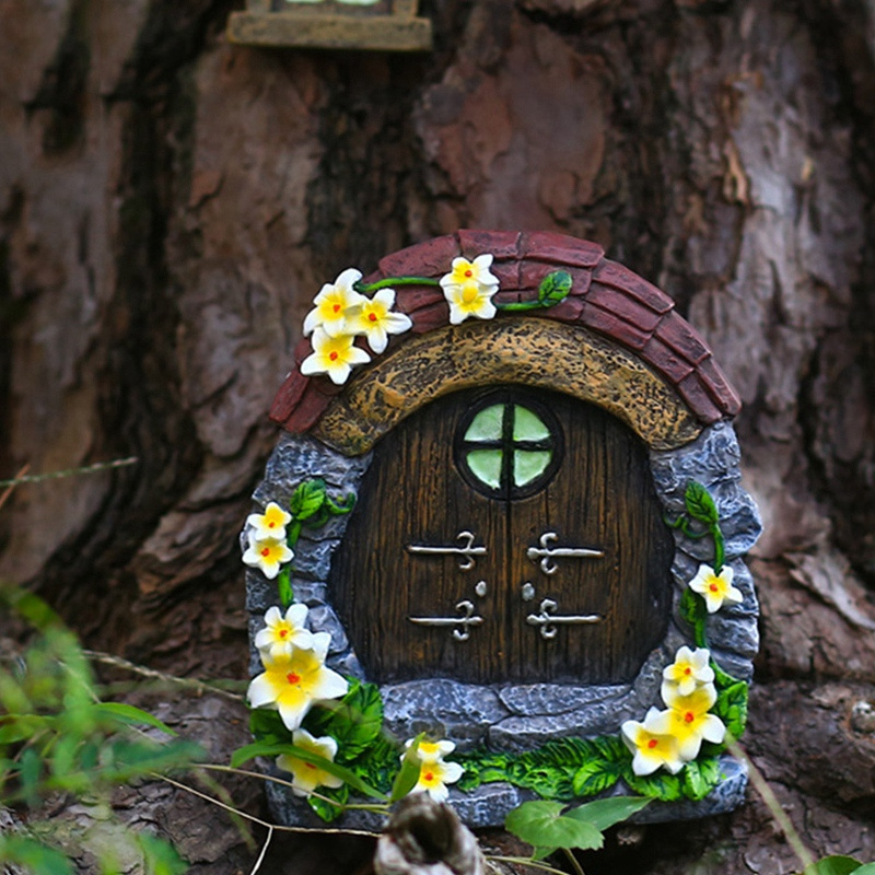 Fairy House Door Windows Decor Resin Miniature Gnome Door Figurine for Home Garden Outdoor