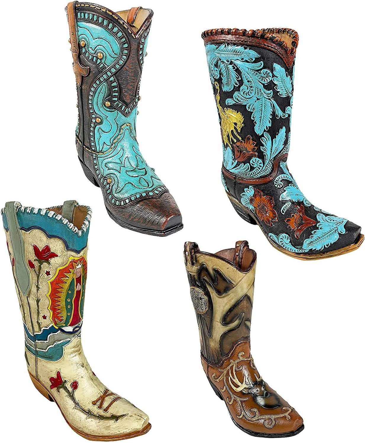 Hand painted Western Cowboy Boot Flower Vase Classic Teal and Brown Decorative Cowboy Boots Home Office Rustic