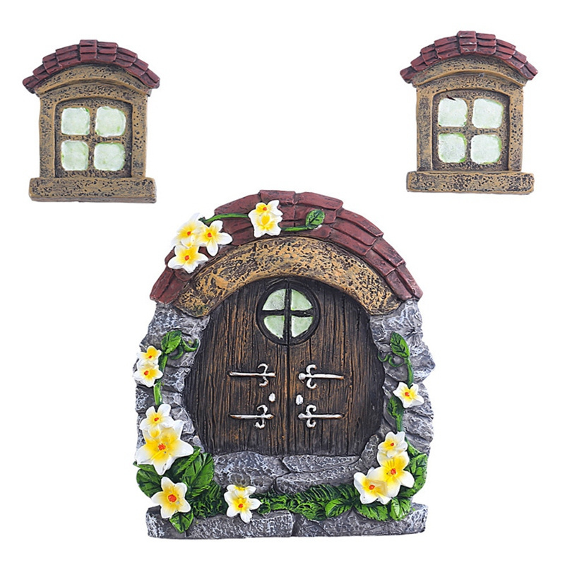 Fairy House Door Windows Decor Resin Miniature Gnome Door Figurine for Home Garden Outdoor