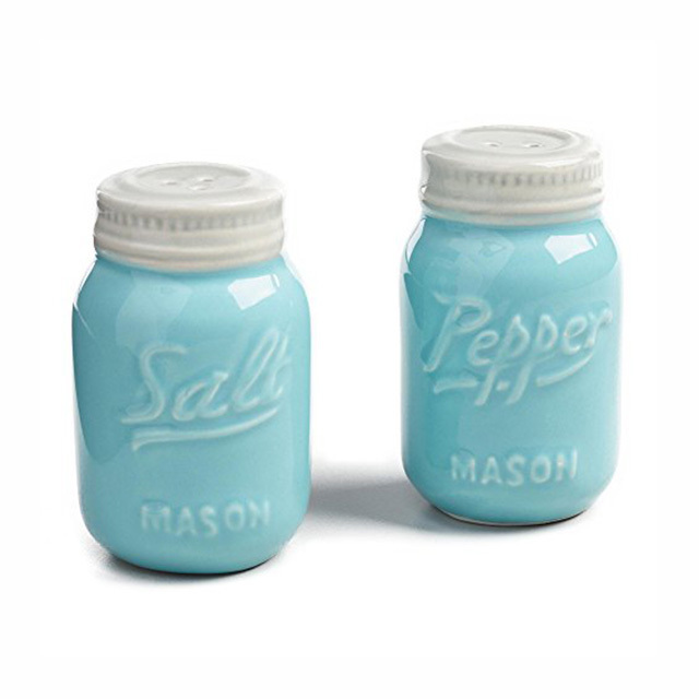 Ceramic Blue Mason Jar Salt and Pepper Shakers Set