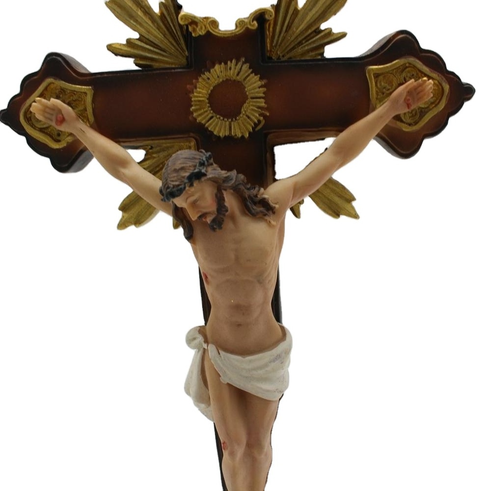 Factory Produce Suffering Jesus Cross Resin Catholic Religious Statue, Crucifix Jesus Nailed On The Cross For Desk Decor