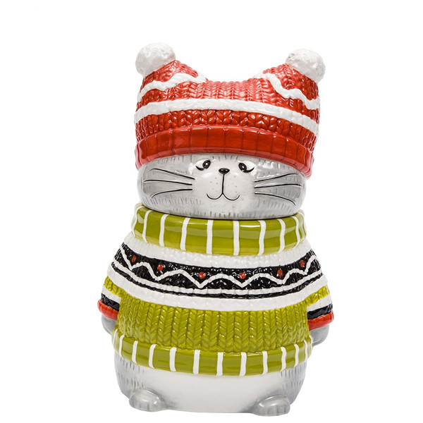 High Quality Ceramic Animal Cat Storage Jar Cute Knitted Kitten Air Tight Seal Ceramic Cookie Jar for Home Kitchen Decor